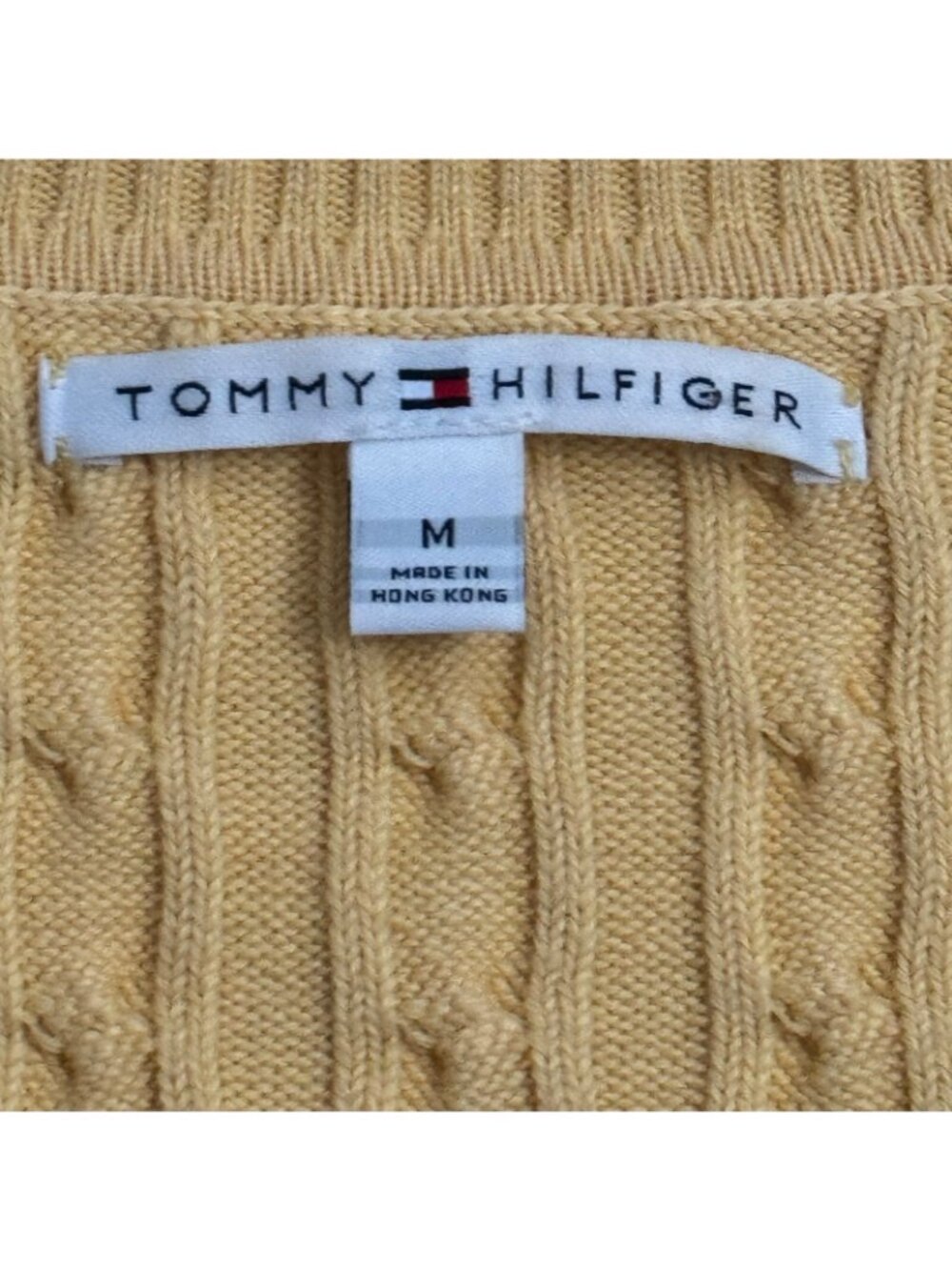Tommy Hilfiger Yellow Cable Knit V-Neck Sweater Long Sleeve Sz M - Picture 2 of 11